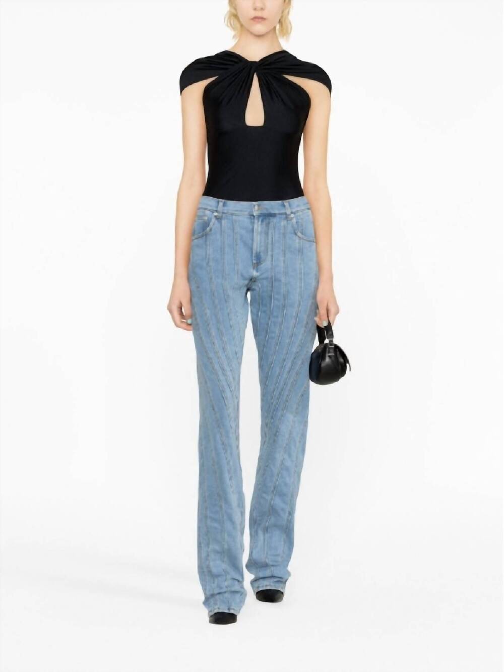 NEW MUGLER pre-loved spiral panel detail denim pants in light blue